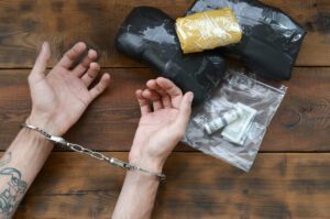 Drug trafficker arrested with their heroin packages. Police arrest drug dealer with handcuffs and narcotic packages on wooden table